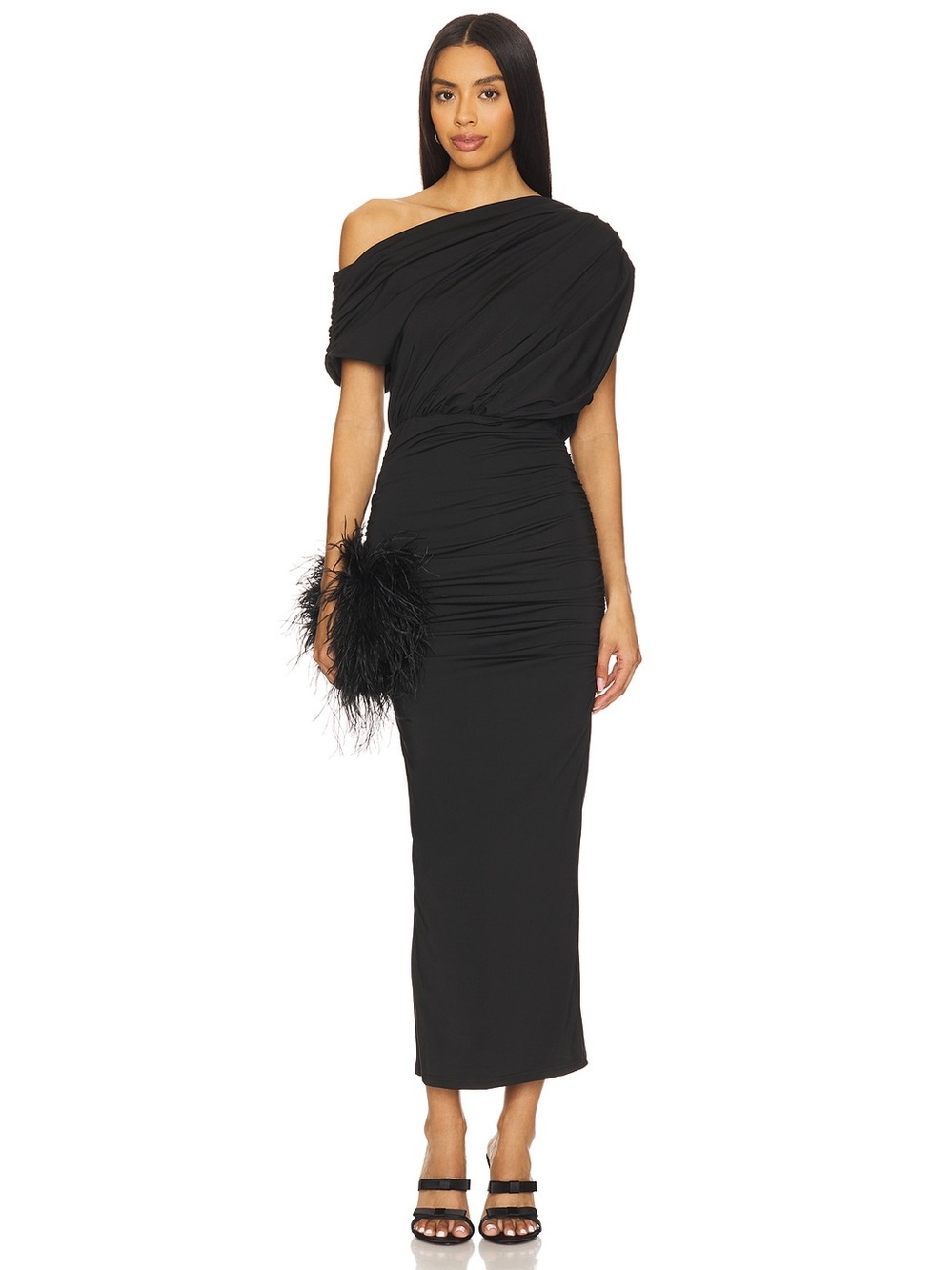 Superdown elisya off shoulder dress One-Shoulder Black Ruched Midi Dress